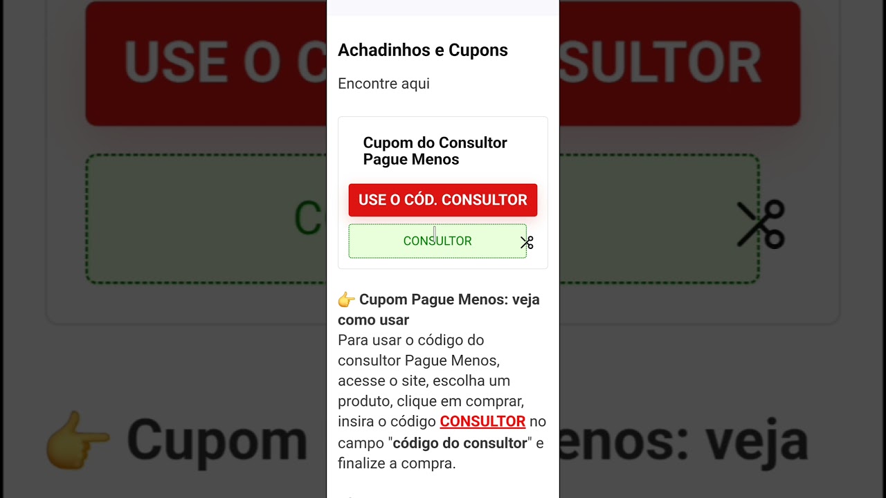 𝗣𝗮𝗴𝘂𝗲 𝗠𝗲𝗻𝗼𝘀 ┃ 𝗗𝗘𝗦𝗖𝗢𝗡𝗧𝗢𝗦 𝗔𝗤𝗨𝗜 → Código do consultor