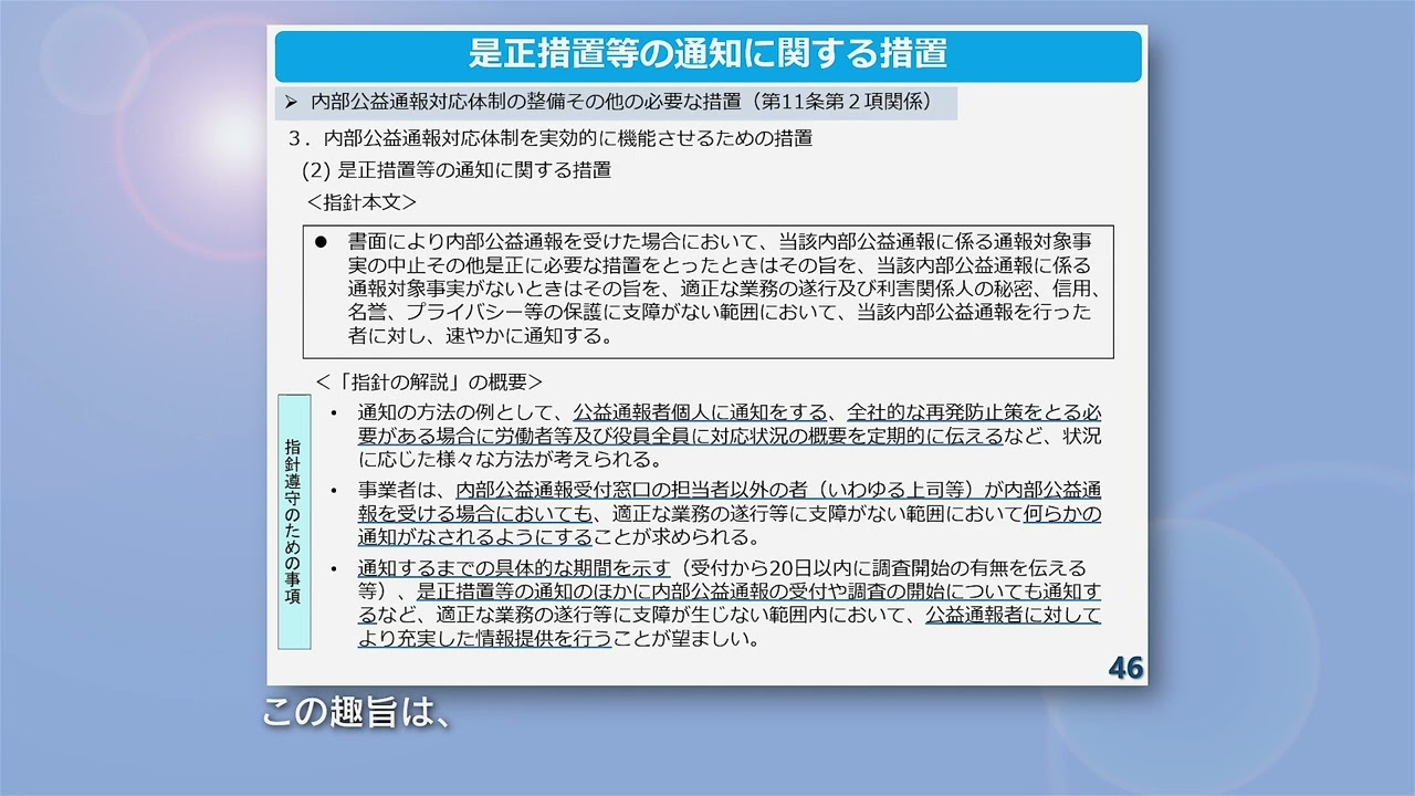 指針の解説の概要(各論)3. 内部公益通報対応体制を実効的に機能させるための措置 ～体制整備その他の必要な措置(第11条第2項関係)～  ：消費者庁