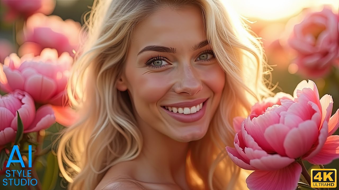 4K AI Art Lookbook Video of AI Girl ｜ Blonde Hair in Field of Pink Peonies