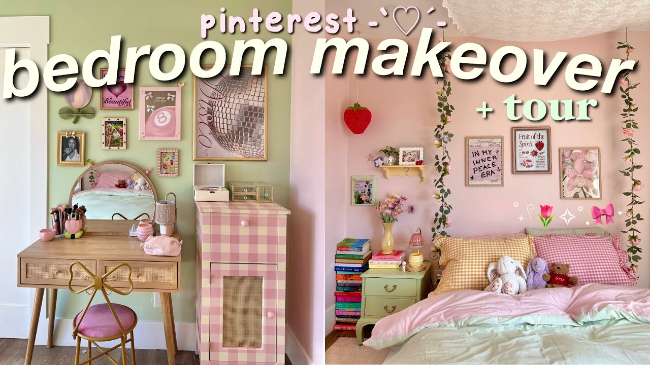 AESTHETIC ROOM MAKEOVER + tour!✮⋆painting🎨diy decor, pink & green theme🌷cozy+ pinterest inspired!