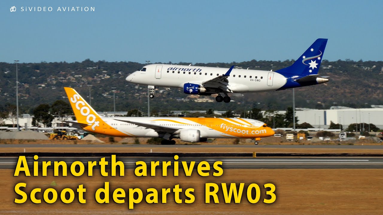 Airnorth (VH-SWO) arrives and Scoot (9V-OJG) departs RW03 at Perth Airport.