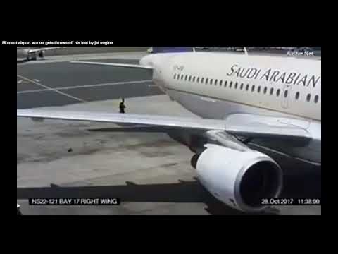 Airport Ground Worker Blown Away By Jet blast