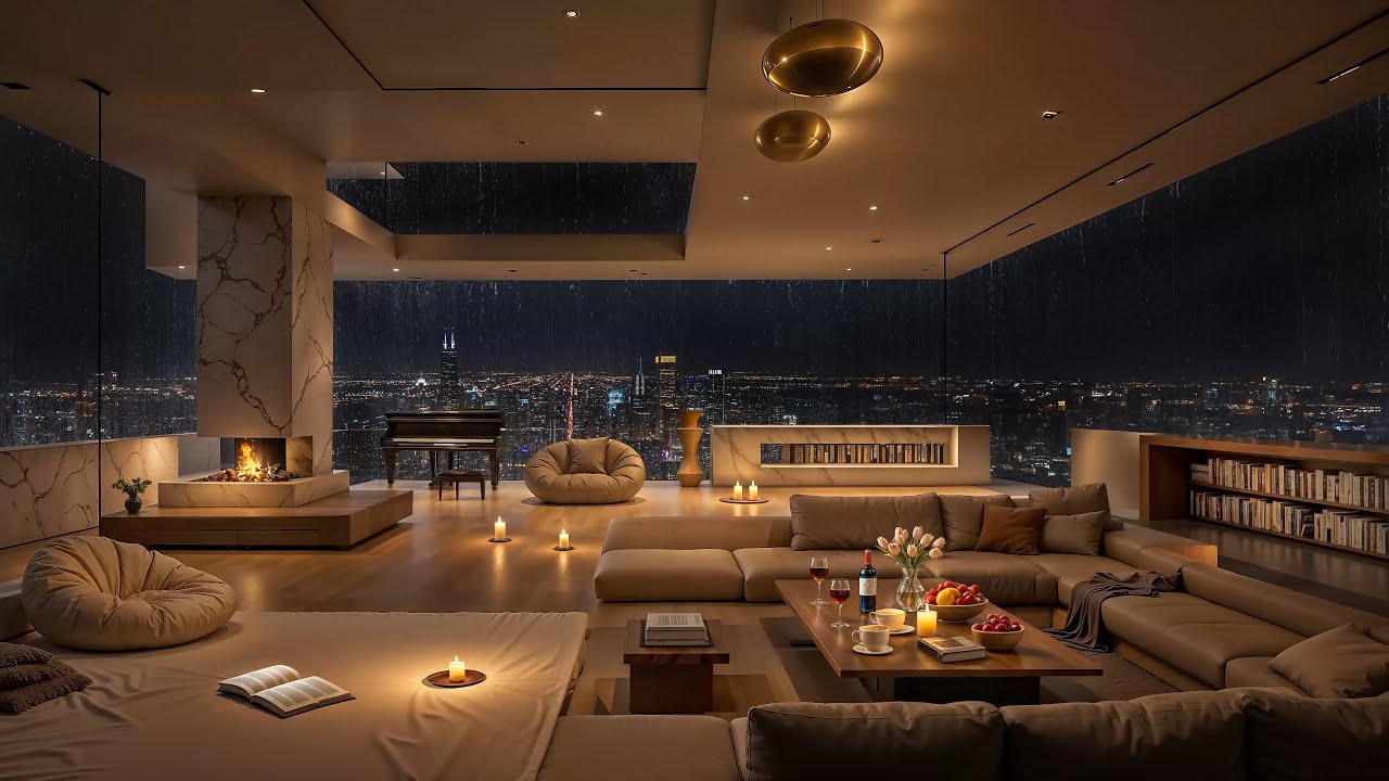 Amazing Night View in Cozy Chicago Apartment | Smooth Jazz, Rain & Fireplace Sounds for Relaxation