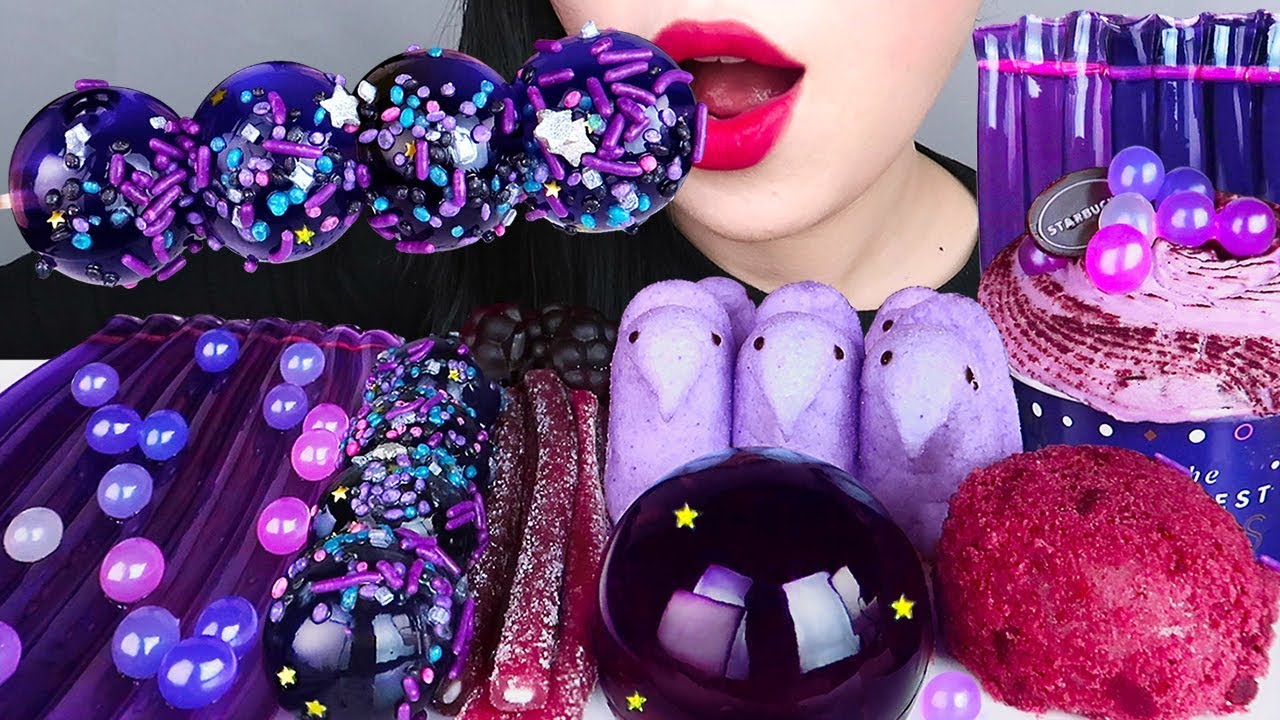 ASMR PURPLE DESSERT *JELLY NOODLES, BTS STARBUCKS, GALAXY CANDY, KYOHO JELLY, GUMMY EATING SOUNDS 먹방