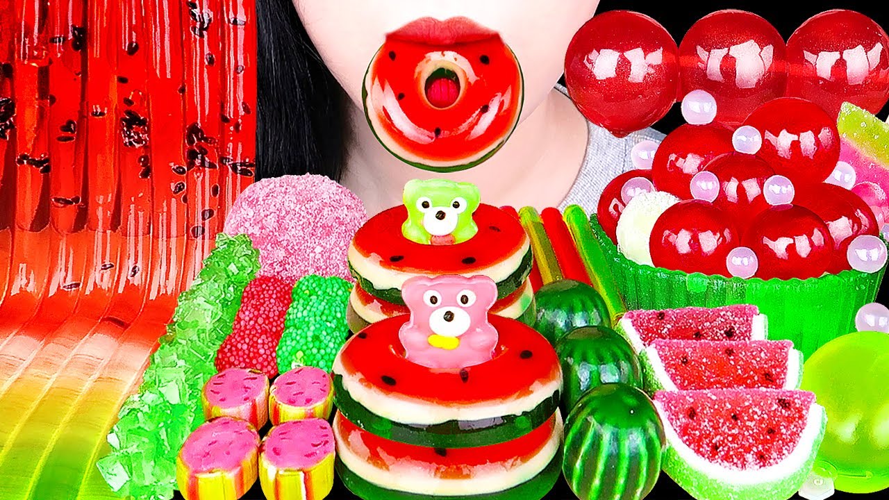 ASMR WATERMELON DESSERTS *JELLY NOODLES, WATERMELON DONUT, TIKTOK JELLY, ROCK CANDY EATING SOUNDS 먹방