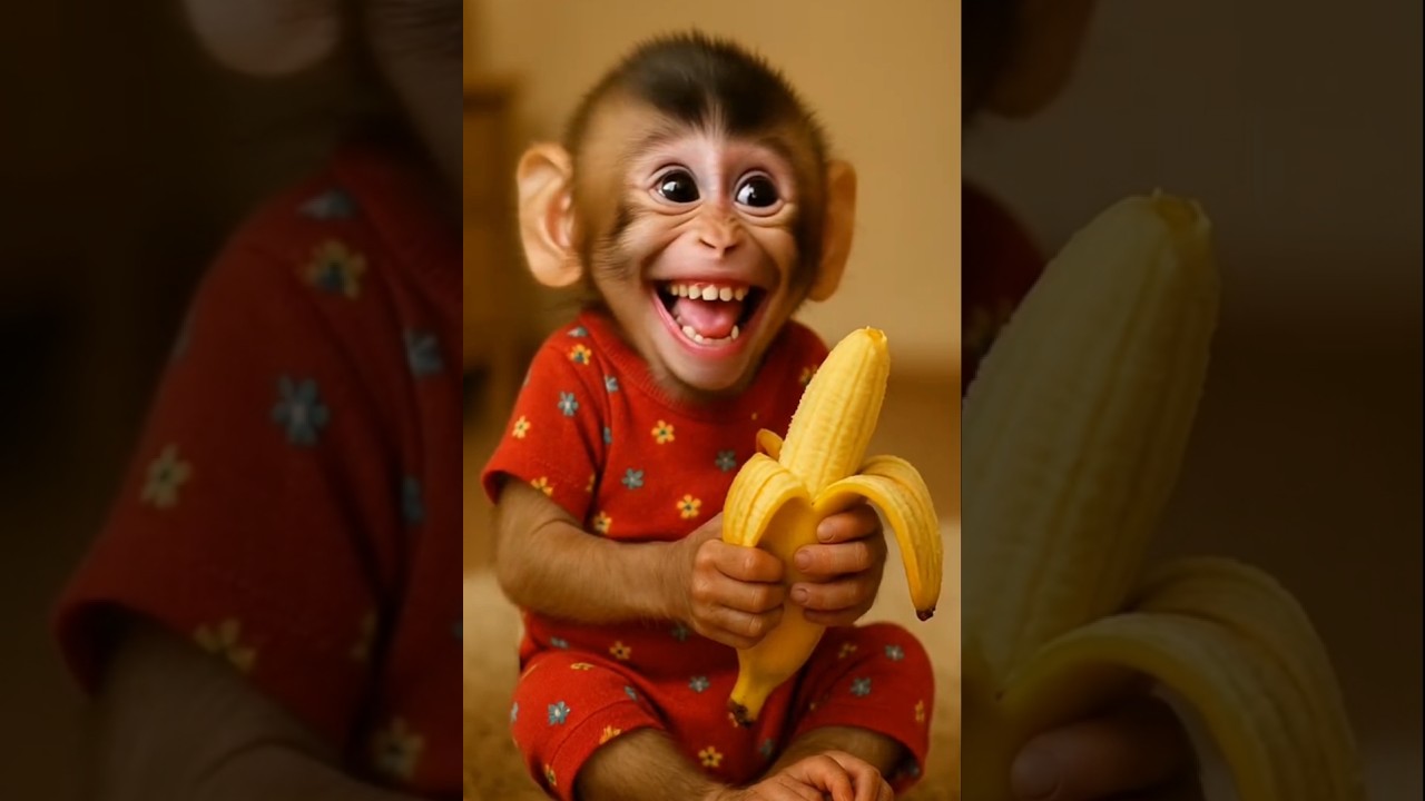baby monkey eating banana 🍌