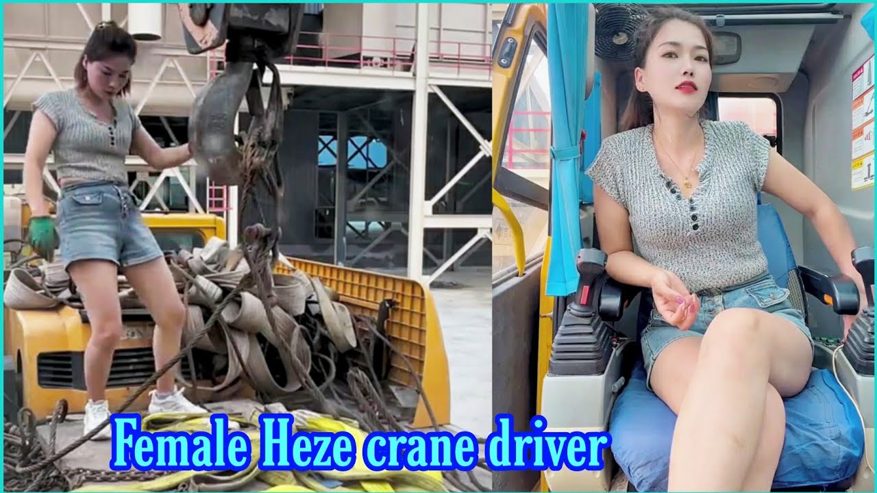 Beautiful female crane driver Heze tries her hand at excavator