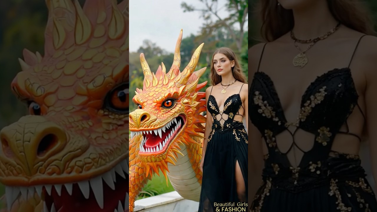 Beautiful French girls model in a fashion show with an Asian dragon, wearing spaghetti strap dresses