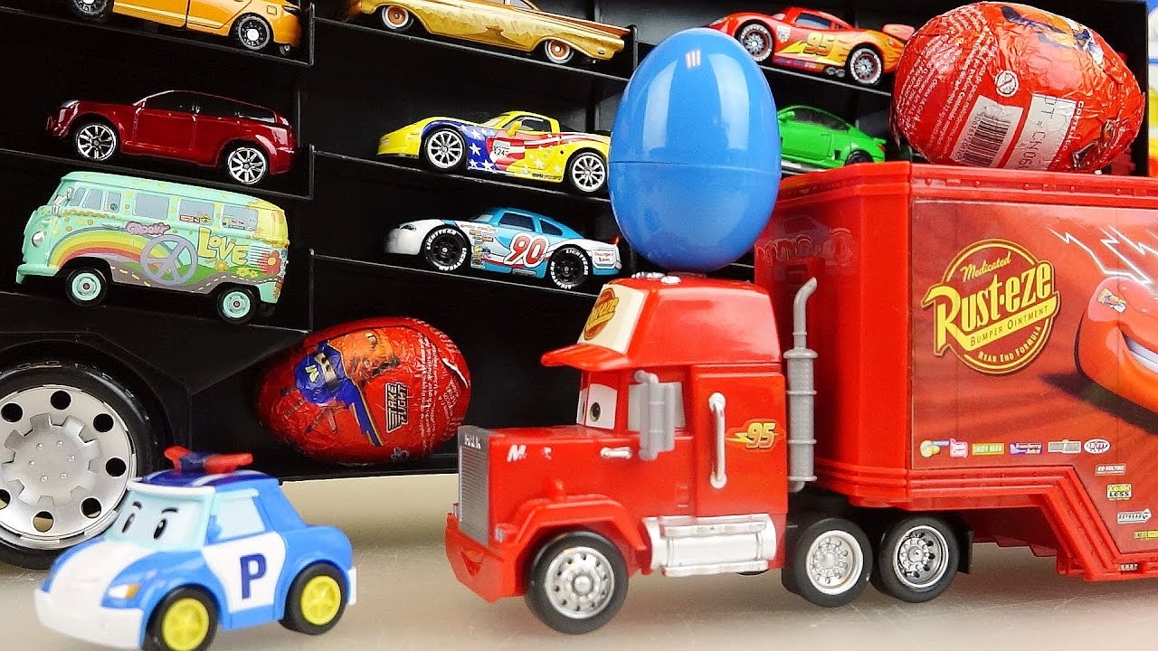 Cars Carrier and truck surprise eggs and Robocar poli car toys