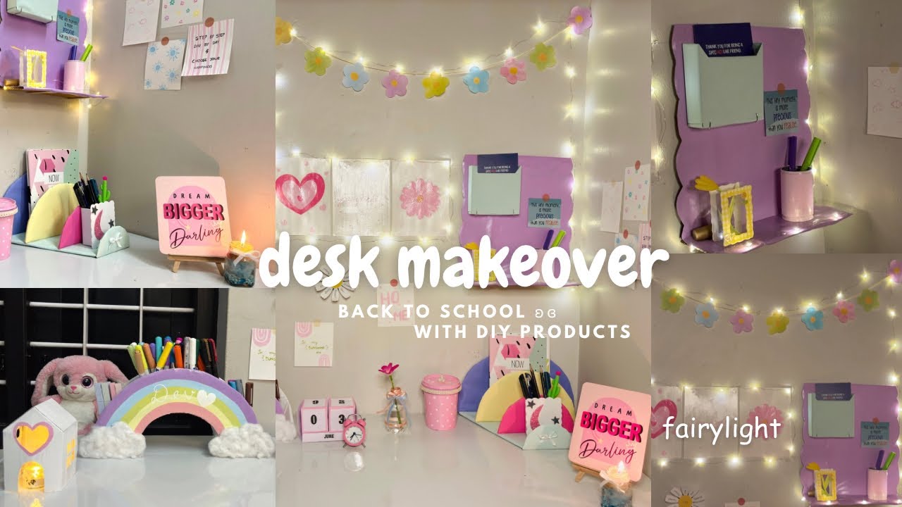 desk makeover with DIY PRODUCTS 🌷☁️🫧  pinterest aesthetic || fairylight 💗