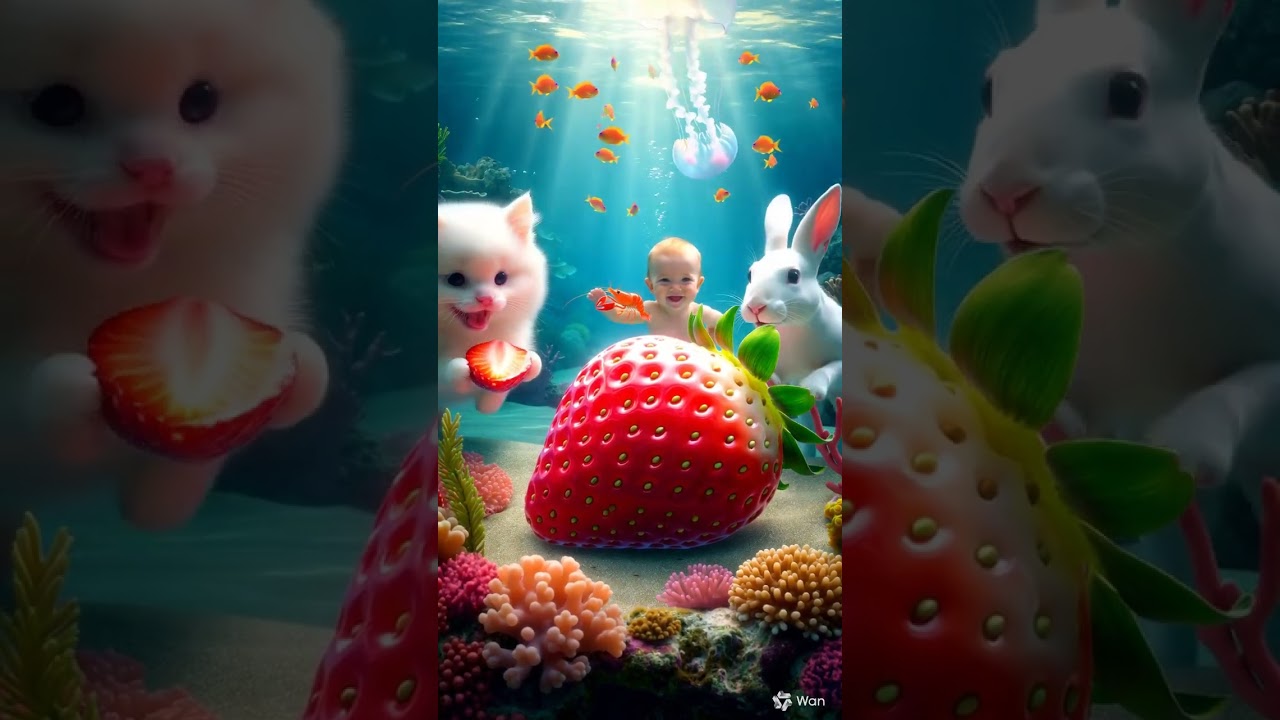 Em bé  mèo thỏ ăn dâu tây dưới đáy biển siêu lung linhBaby, Cat & Bunny Eat Giant Strawberry #cute