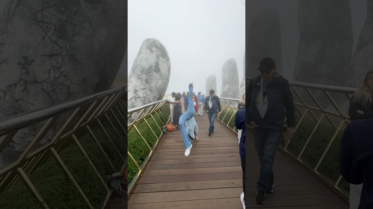 Flippin on the Golden Hand Bridge🧚✨#rachelpizzolato #adventure #vietnam #banahills #goldenbridge