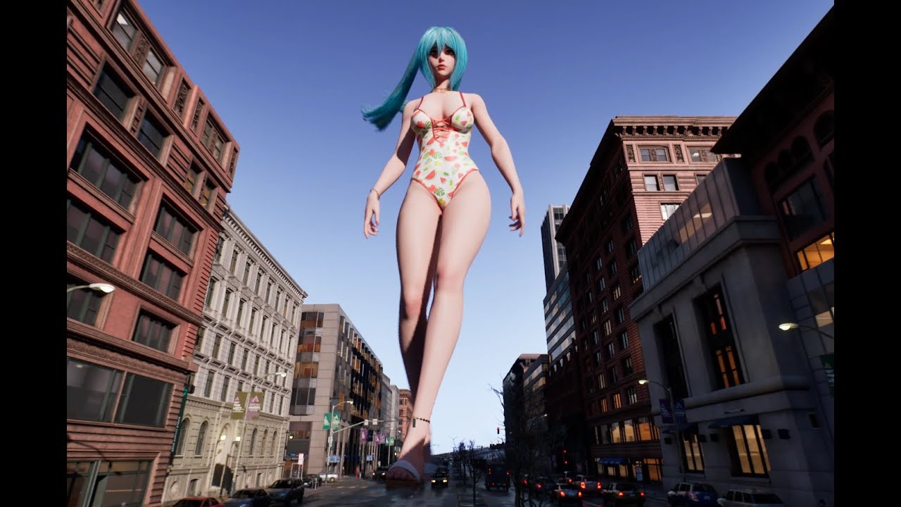 Giantess girl walking in the matrix city