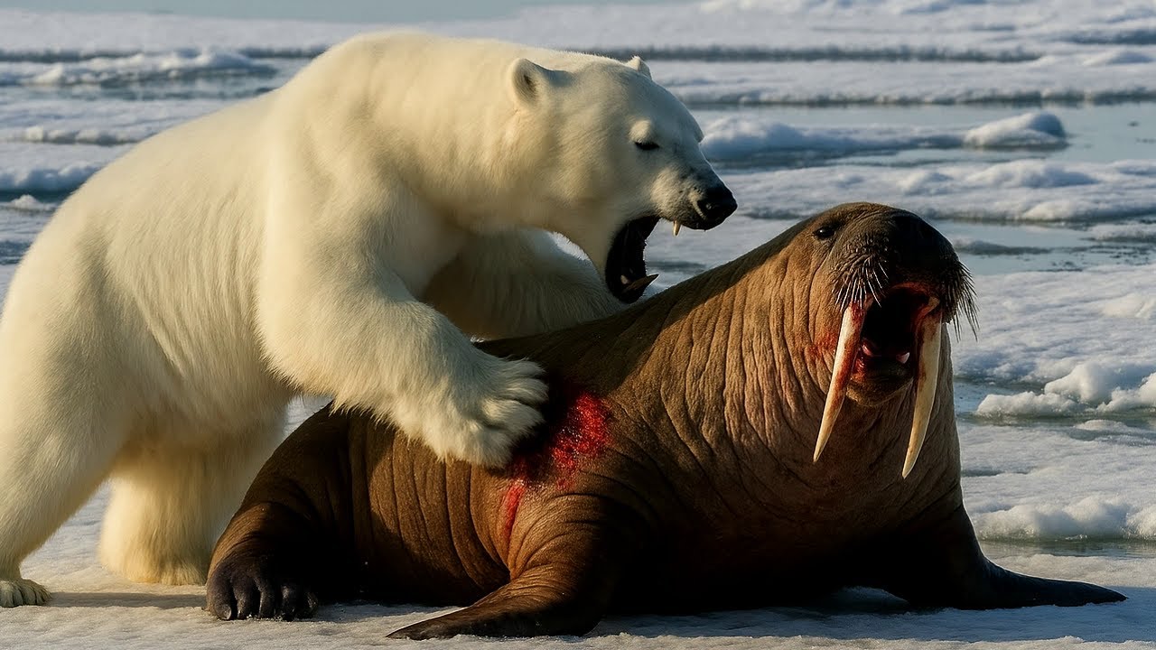 Hungry Polar Bear Attacks Walrus—Then Faces the Herd’s Fury!