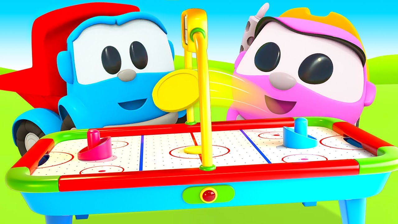Çizgi film. Küçük kamyon Leo, hava hokeyi oyunu kuruyor. Bebek videoları.