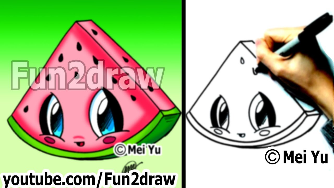 Kawaii Food - How to Draw Food - Watermelon - Popular Cartoon Drawing Video - Fun2draw