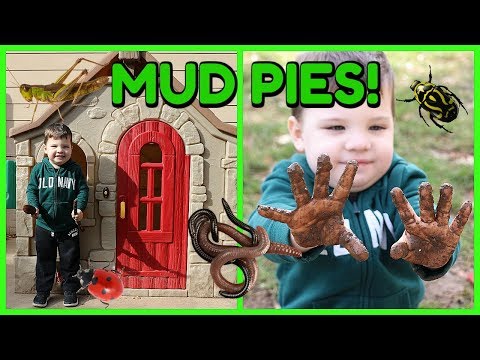 Kid Playing Outside In The Mud Making Mud Pies In Playhouse and Playing with Bugs