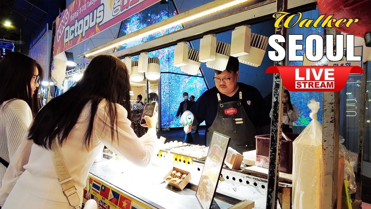 Live Korea Seoul 🇰🇷 Myeongdong Korean Food Street and Shopping Street Walking Tour ソウルライブ 서울라이브