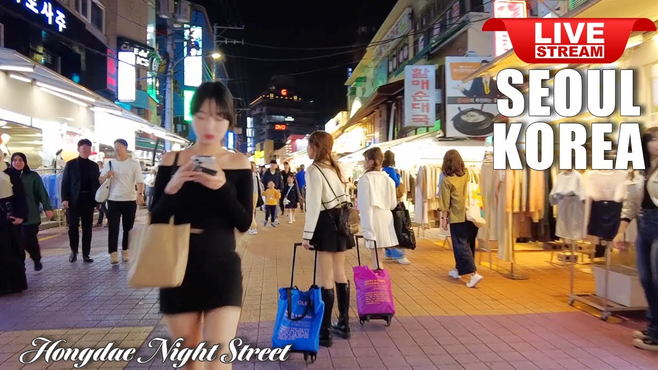 Live Seoul Korea 🇰🇷 Seoul Hongdae Korean Food Street and Shopping Street Walking Tour ソウルライブ 서울라이브