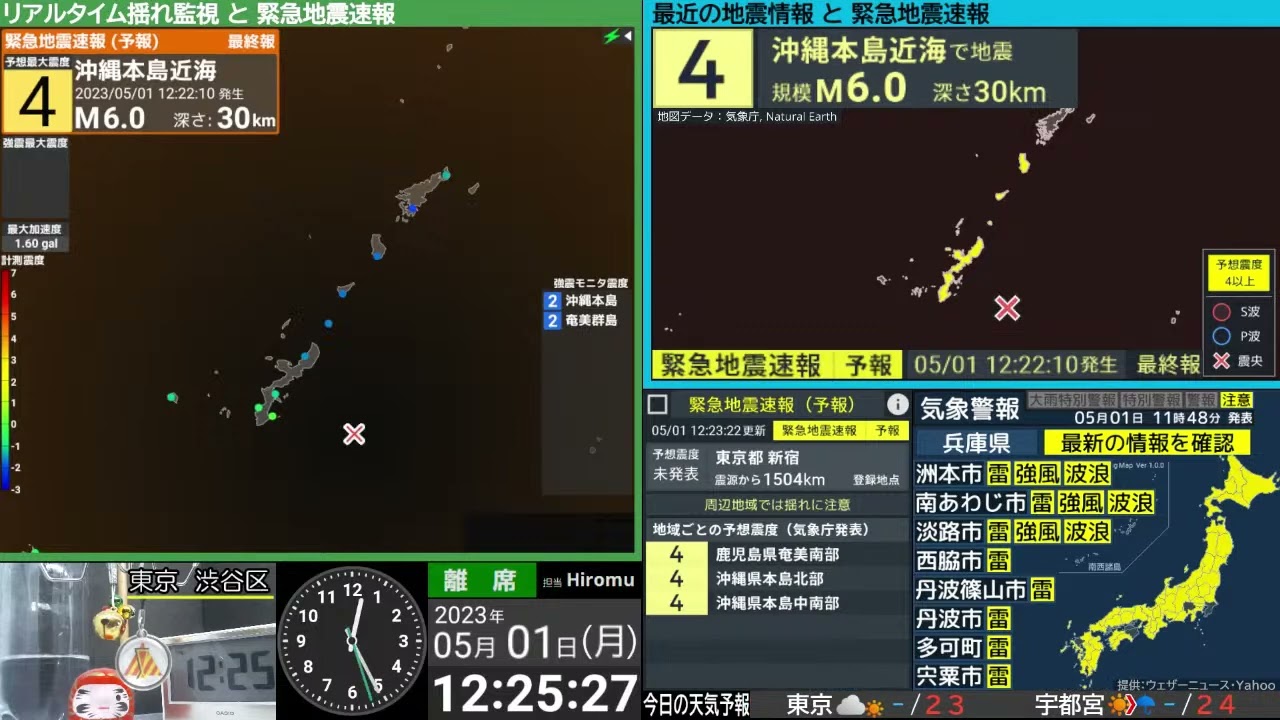 【津波予報】沖縄本島近海　震度２　M6.2　（2023/5/1 12:22ごろ　切り抜きアーカイブ）