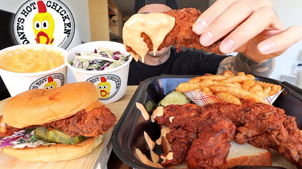MUKBANG EATING Dave's Hot Chicken Sliders and Nashville Hot Tenders, Mac and Cheese, Fries
