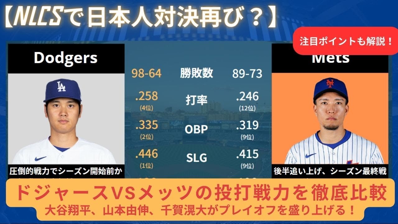 【ドジャースNLCS進出】ドジャースVSメッツの投打戦力を徹底比較。#山本由伸 #千賀滉大 #大谷翔平 #メッツ #ドジャース