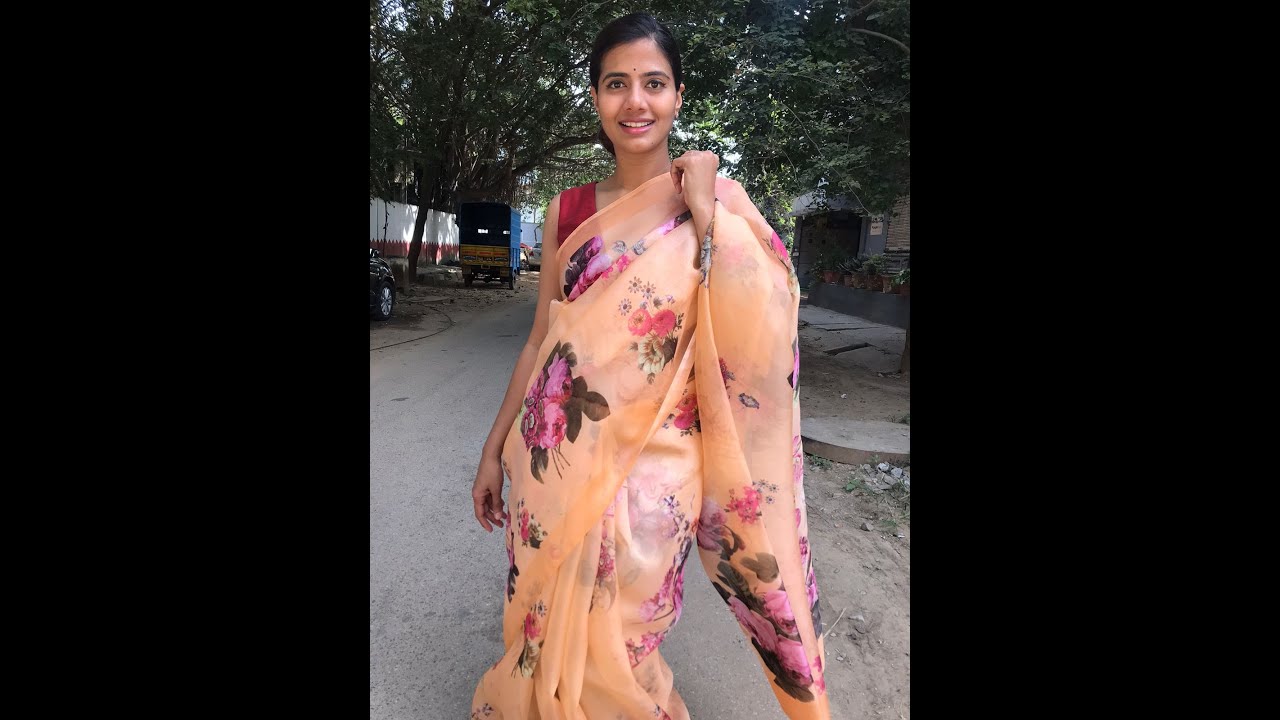 Nude Peach Printed Organza Silk Saree | Mirra Clothing