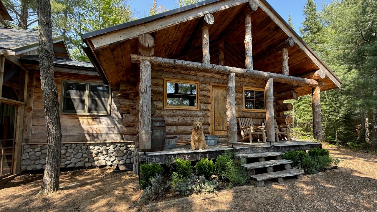 Off-Grid Log Cabin Makeover: Stone Veneer, Eavestrough, Landscaping & Campfire Cooking