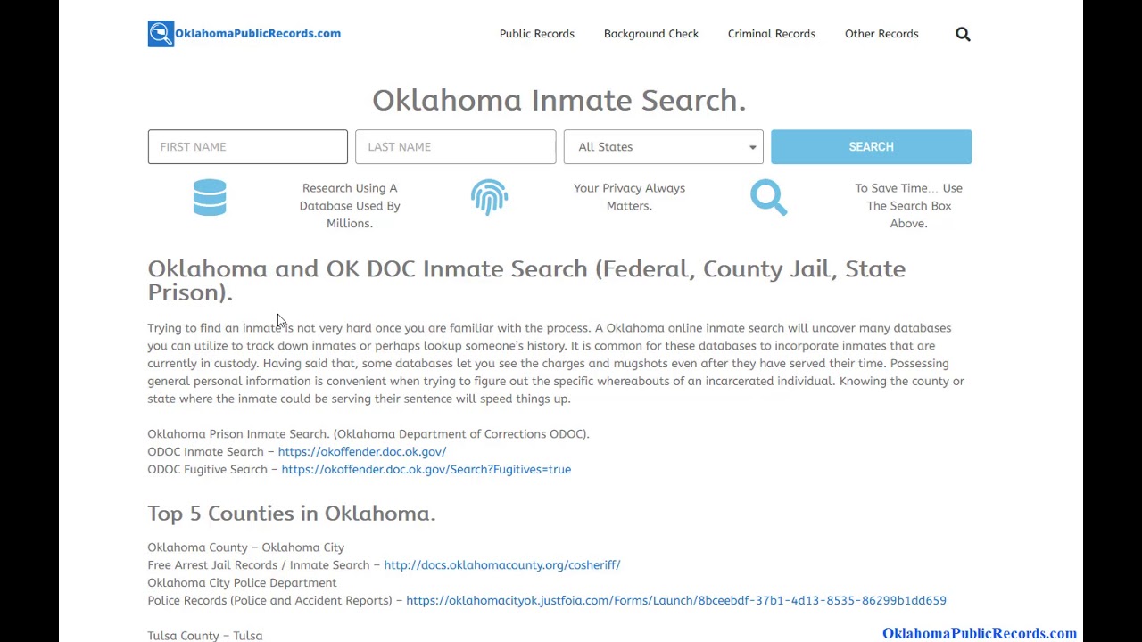 Oklahoma and OK DOC Inmate Search (Federal, County Jail, State Prison).