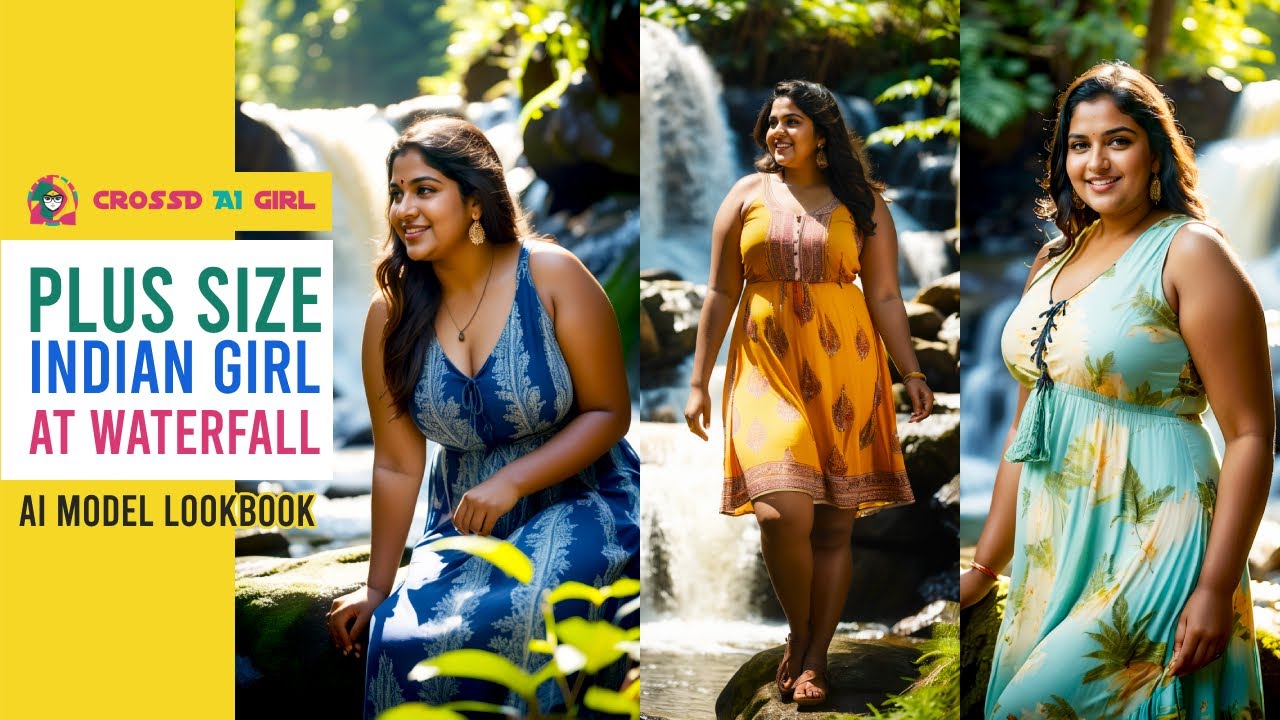 Plus Size Indian Girl Lookbook at a Waterfall | AI model lookbook #dress #dressdesign #dressup