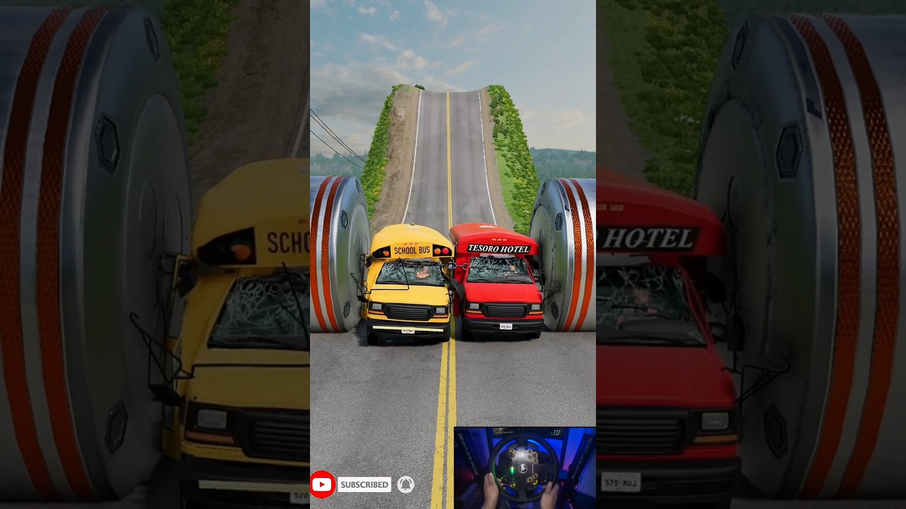 School Buses vs Chained Hydraulic Crush - BeamNG.drive#shorts #gaming #beamng