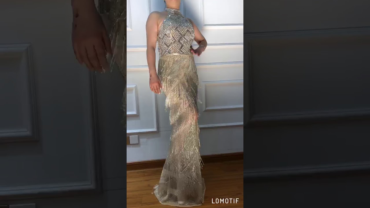 Sexy Nude Halter neck Crystals tassel Pageant Gown