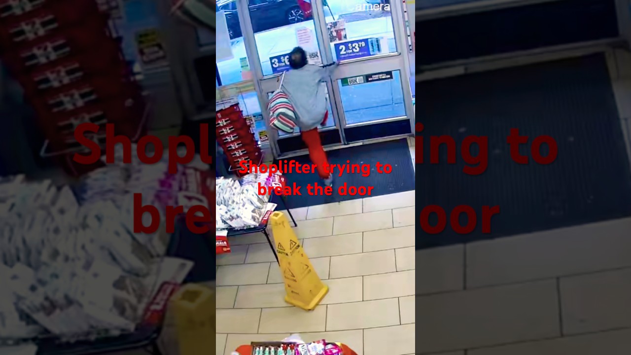 Shoplifter trying to break the door #shoplifter #crime #crazy #thief #fight #theft