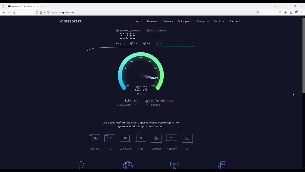 Speedtest di Ookla – EOLO 300 Mega FWA