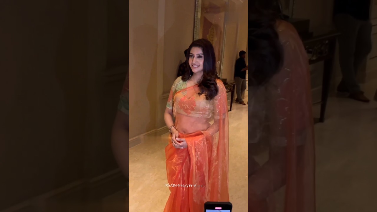Tanya ravichandran hot orange transparent saree navel| sexy navel show