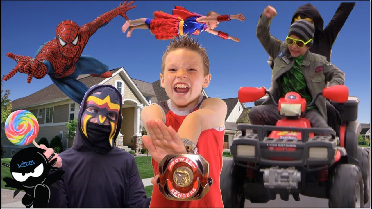 TEAM UP!  Power Ranger, Spiderman, Supergirl battle the Candy Crooks!