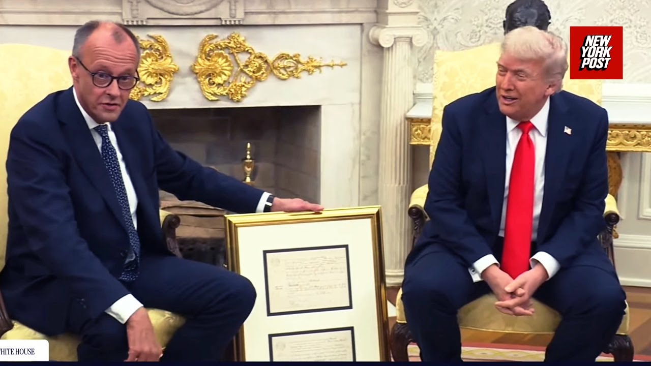 Trump receives grandfather’s 1869 German birth certificate from Merz in Oval Office meeting